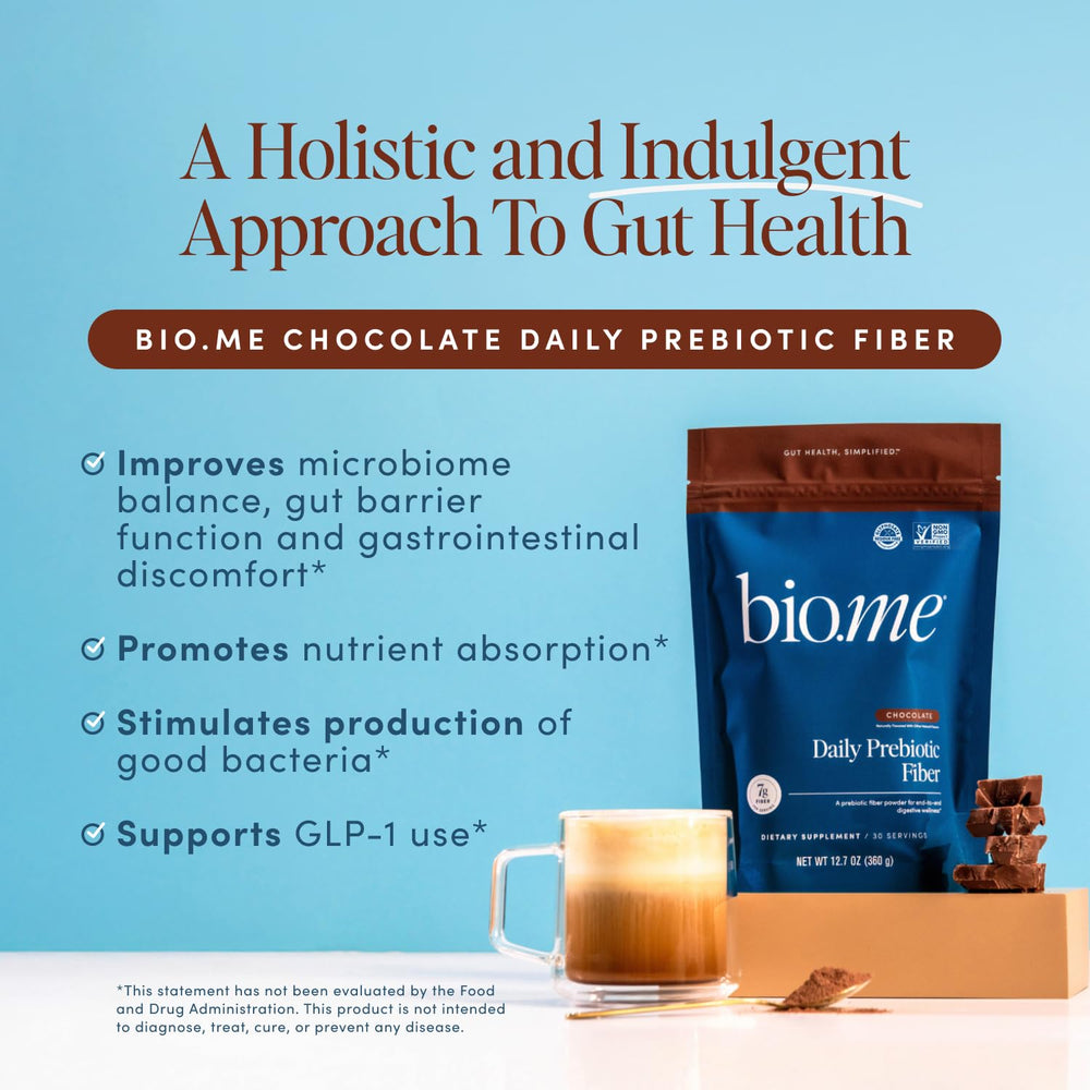 Scooped chocolate-flavored prebiotic fiber powder