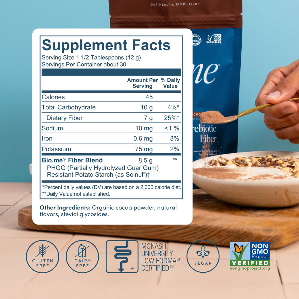 Sugar-free label on Bio.me prebiotic fiber powder