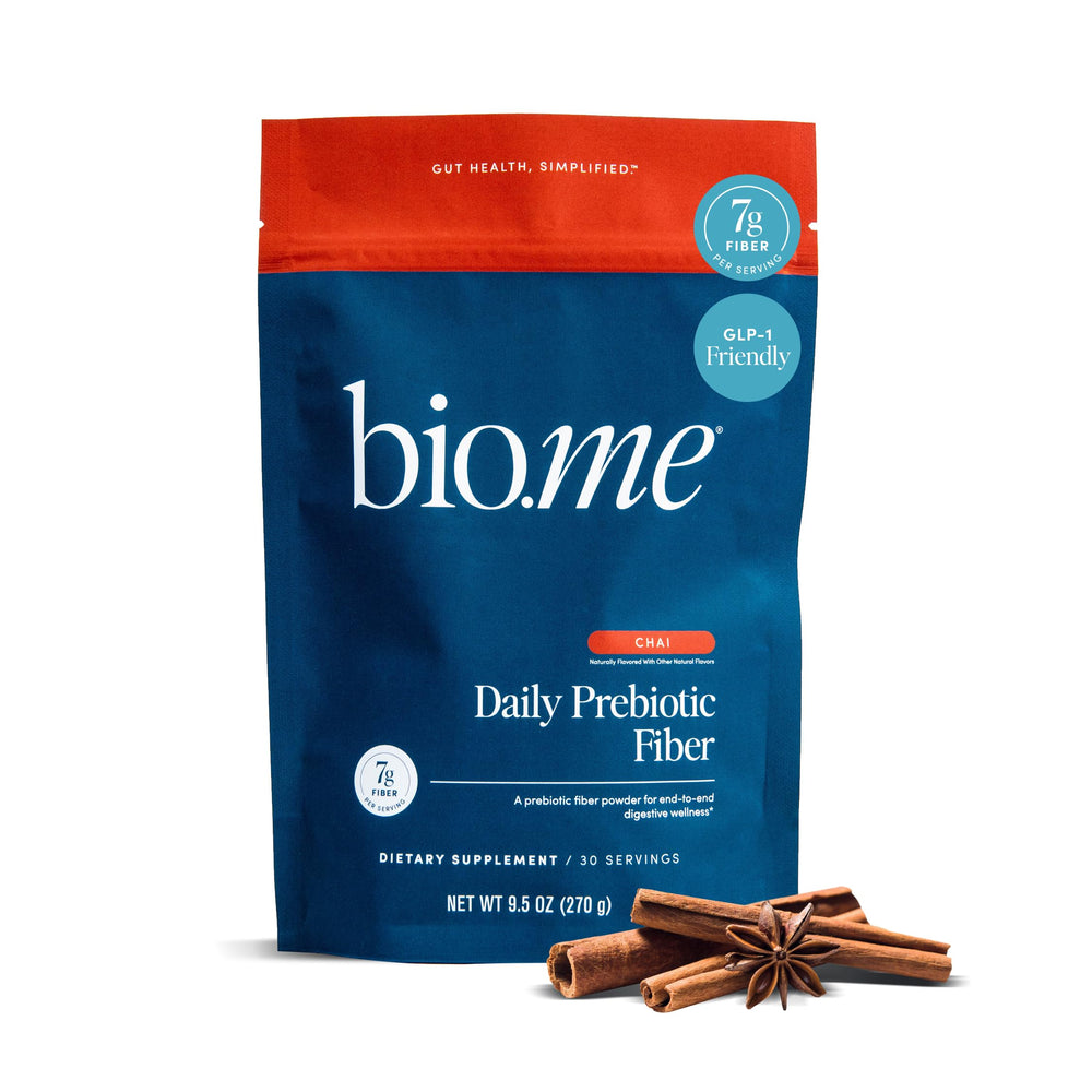 Bio.me Daily Prebiotic Fiber Powder 7g serving label on tub