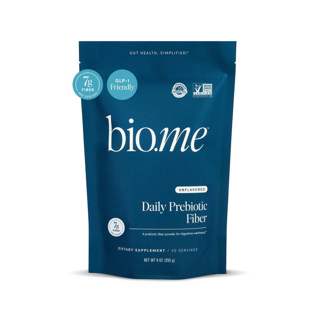 Bio.me Daily Prebiotic Fiber Powder unflavored canister label