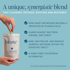 Bio.me Biome Gut Remedy Capsules bottle closeup highlighting easy-to-swallow delayed-release formula.