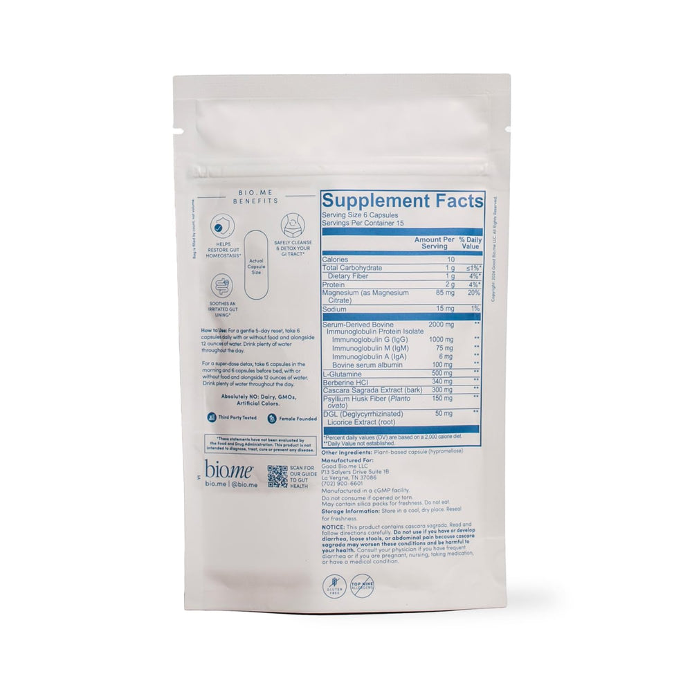 Bio.me Biome Gut Remedy capsules side view for on-the-go digestive support.