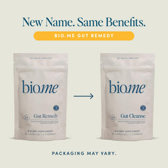 Bio.me Biome Gut Remedy packaging on shelf conveys trustworthy gut support.
