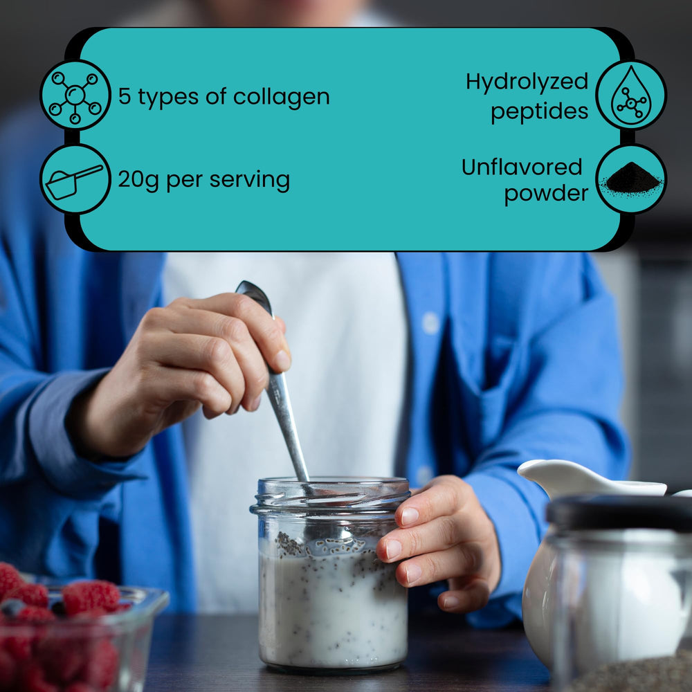 Scoop of unflavored collagen powder with coffee