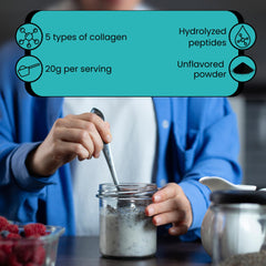 Scoop of unflavored collagen powder with coffee