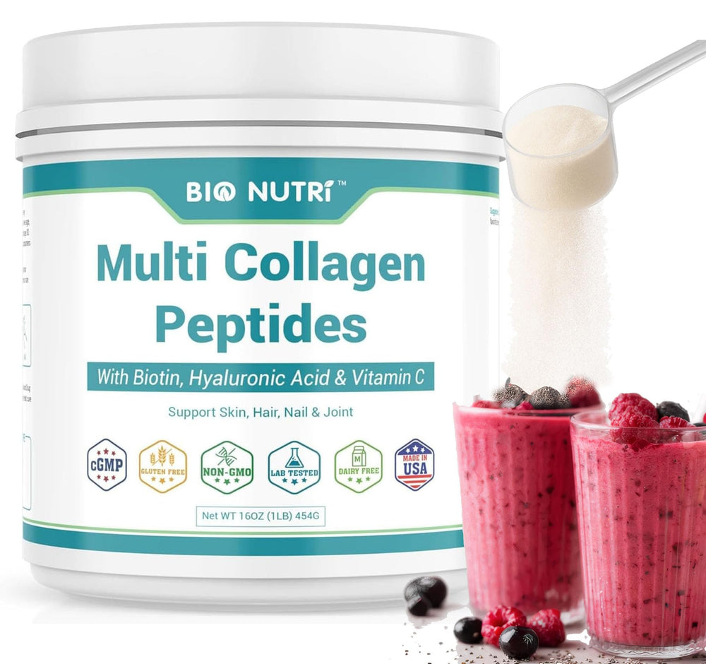 BIO NUTRI Collagen Peptides Powder bottle front view, unflavored 16oz