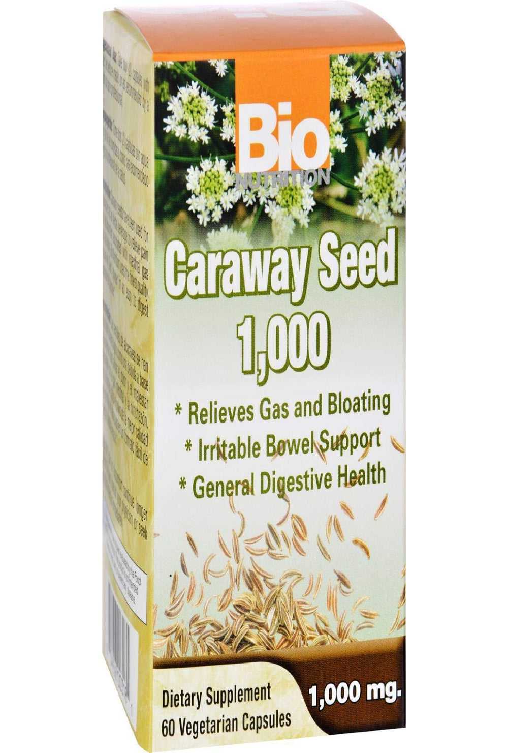 Caraway seeds and Vegi-Caps bottle close-up