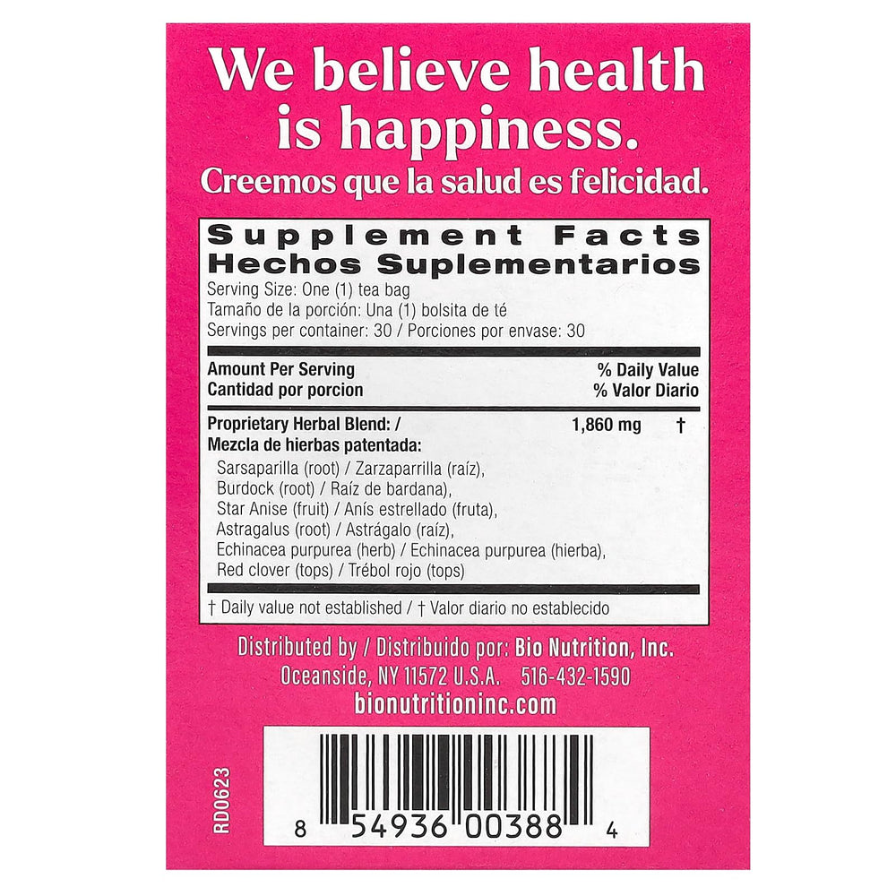 Back of Bio Nutrition Lymph Support Tea box showing ingredients