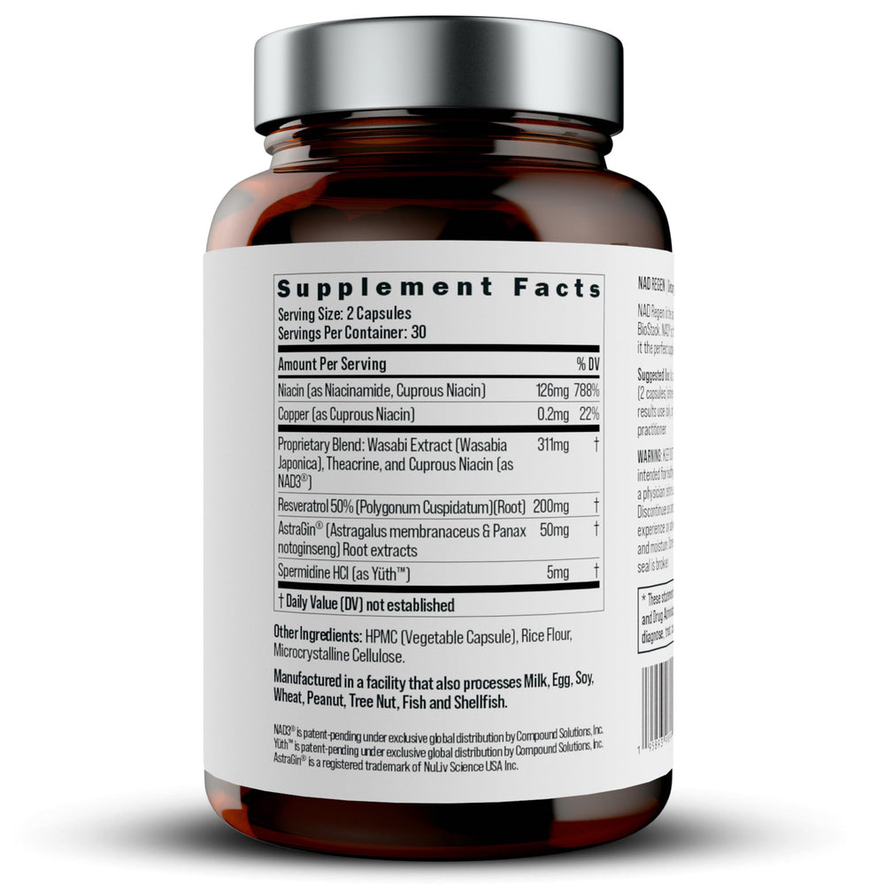 Close-up of NAD Regen ingredients including NAD3 and niacinamide