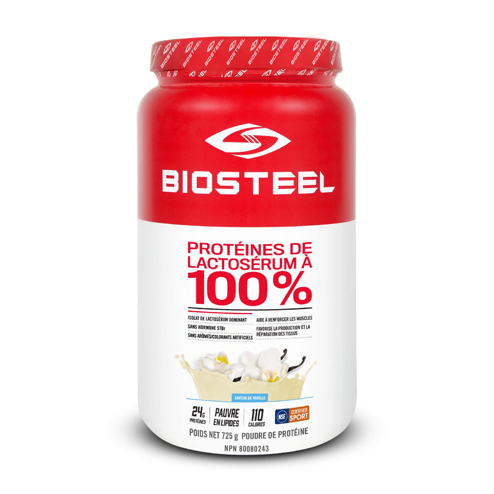 BIOSTEEL Sports Vanilla whey powder label notes non-GMO and rBGH-free