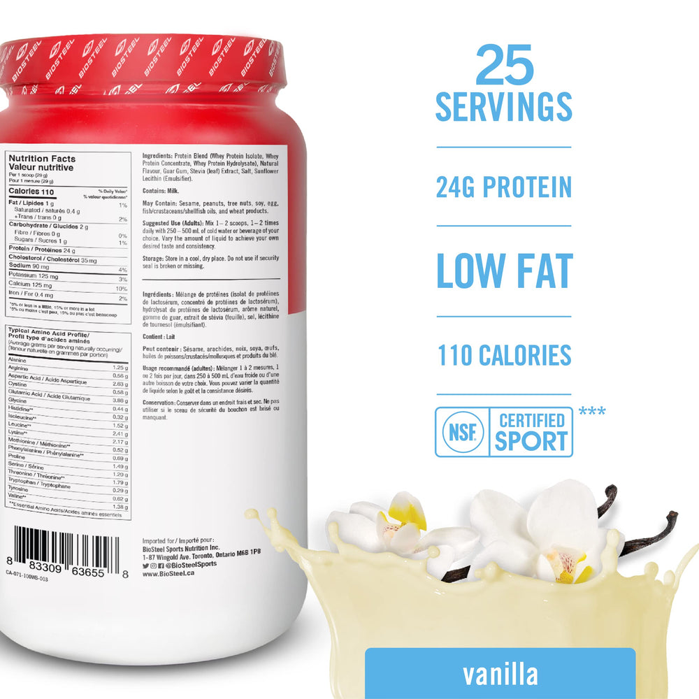 BIOSTEEL Sports Vanilla whey powder scoop delivers 24g protein per serving