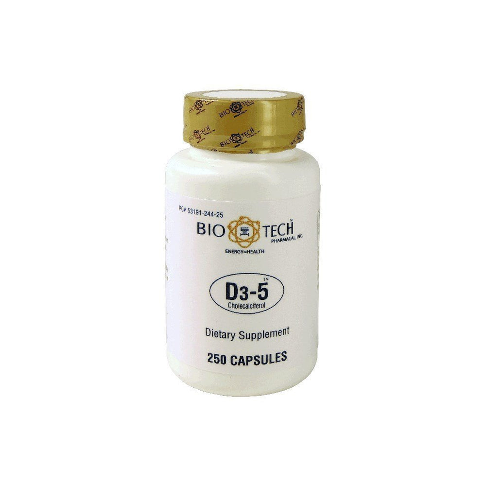 Label for Bio-Tech D3-5 5000 IU Vitamin D3 supplement, 250 capsules