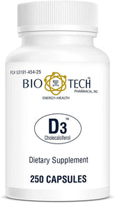 Front view of Bio-Tech Pharmacal Vitamin D3 bottle (D3 1k IU, 250 count)