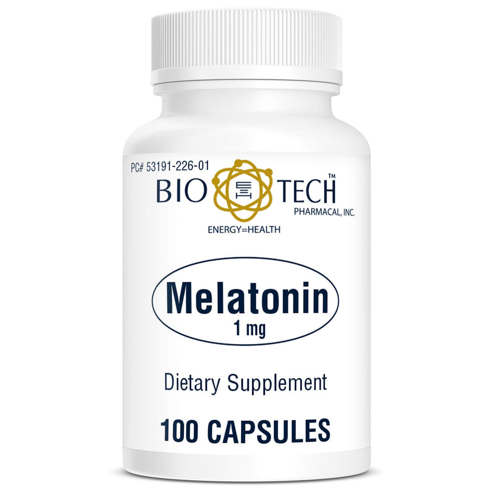 Front view of Bio-Tech Pharmacal Melatonin bottle 1 mg 100 capsules