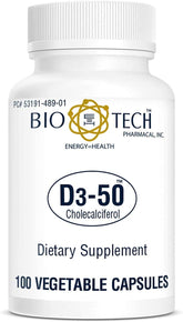 Bottle of Bio-Tech Pharmacal Vitamin D3 50,000 IU - D3-50; 100 vegan capsules