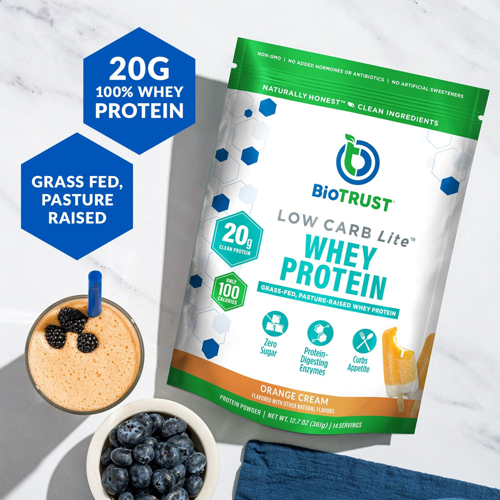 BioTrust Low Carb Lite whey protein isolate with scoop shows quick absorption.