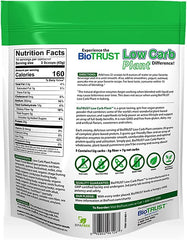 Nutrition label showing key information for BioTRUST Low Carb Plant Chocolate