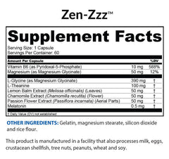 Close-up of Zen-Zzz formula featuring melatonin, L-theanine and glycine