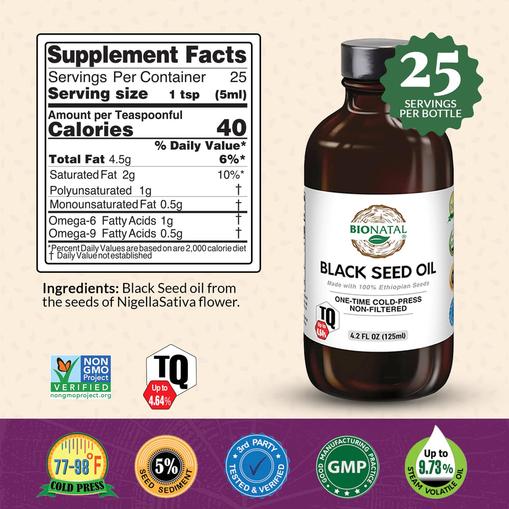 Close-up of BioNatal Ethiopian black seed oil in glass bottle