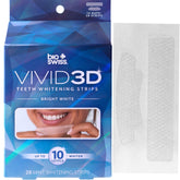 Front view of BioSwiss Vivid 3D Teeth Whitening Strips in blue box