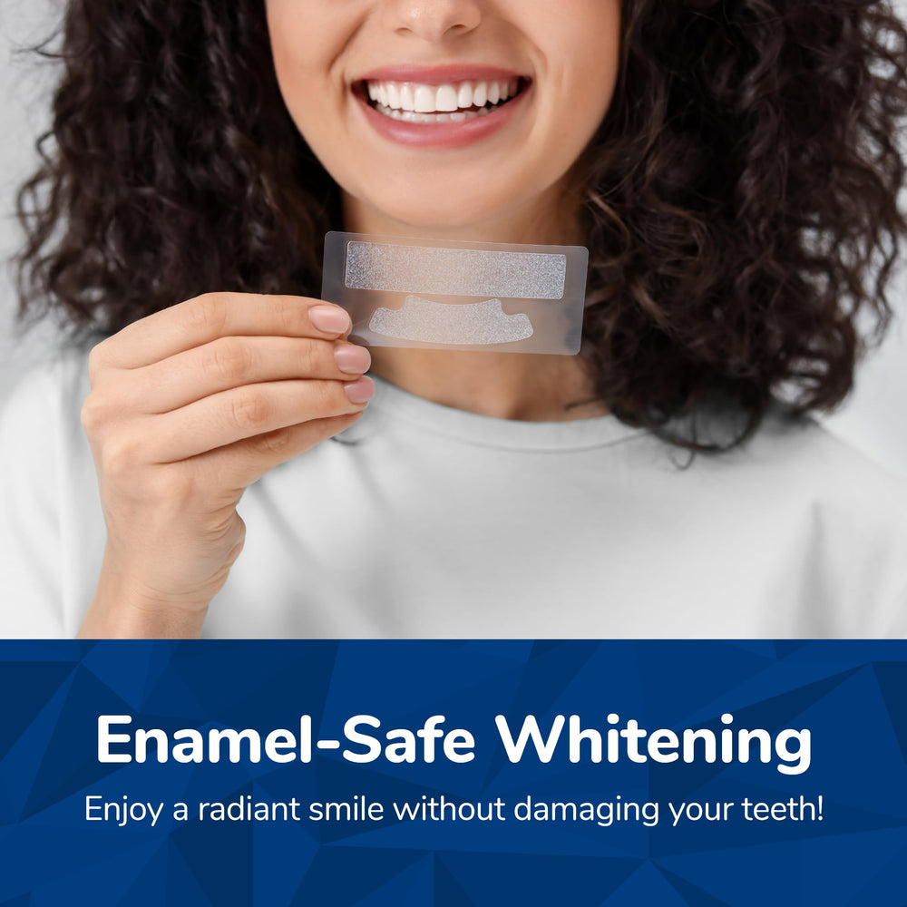 Close-up of whitening strips packaging showing 28-count