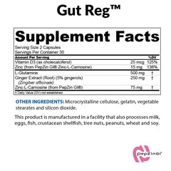 Ingredients close-up showing PepZin GI, L-Glutamine, and Ginger Extract