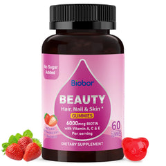 Biobor Beauty Gummies bottle with label showing 6000mcg Biotin