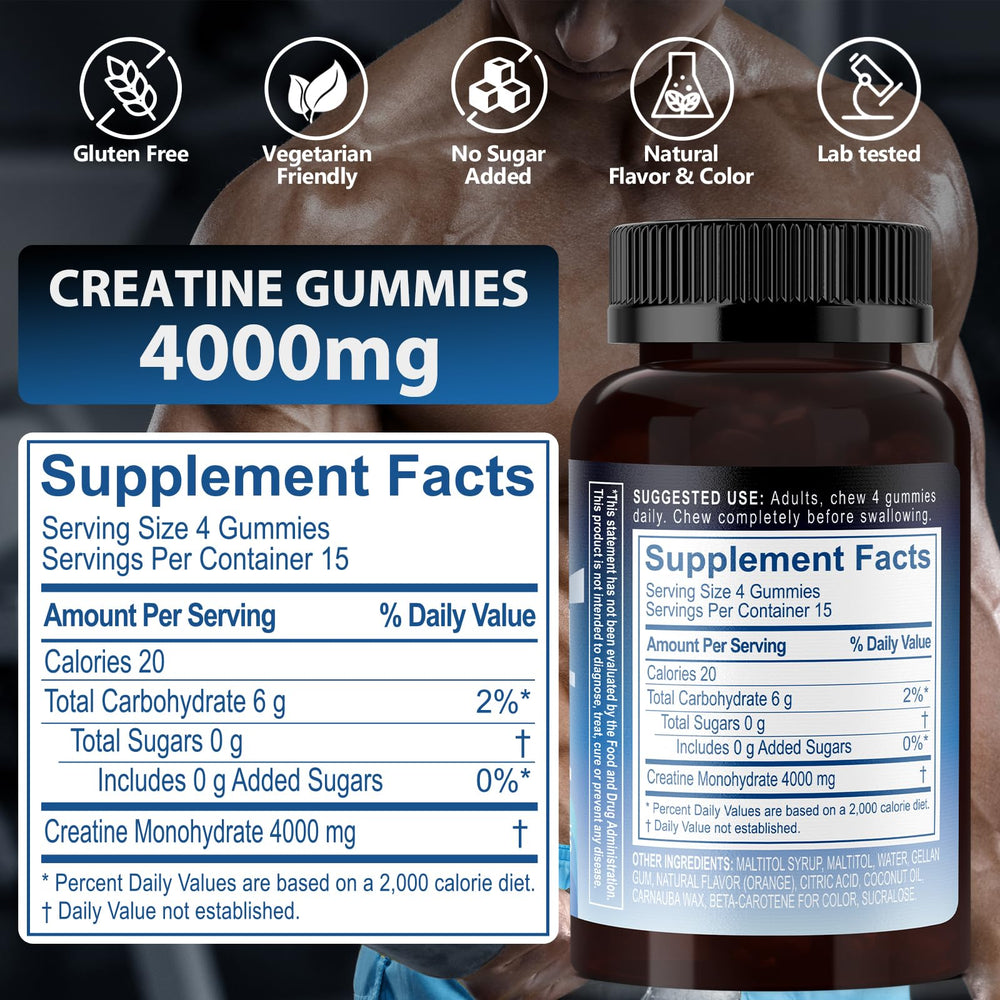 Back view showing ingredients label on Biobor Creatine Monohydrate Gummies orange flavor bottle