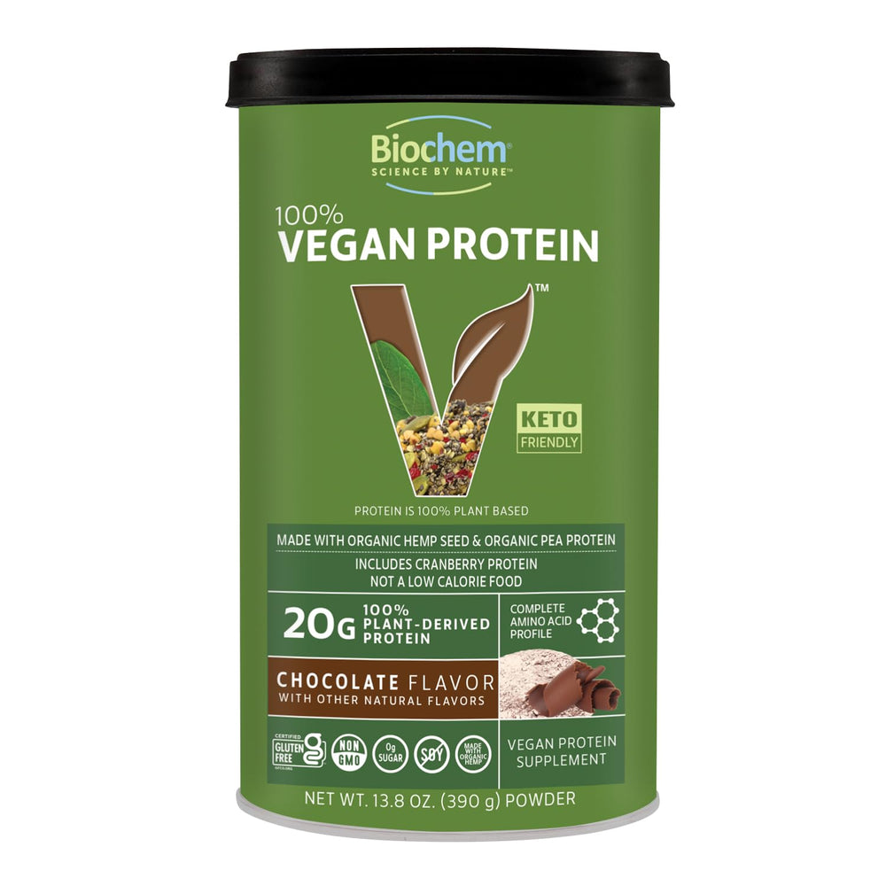 Biochem vegan protein powder bag front—keto-friendly plant nutrition.