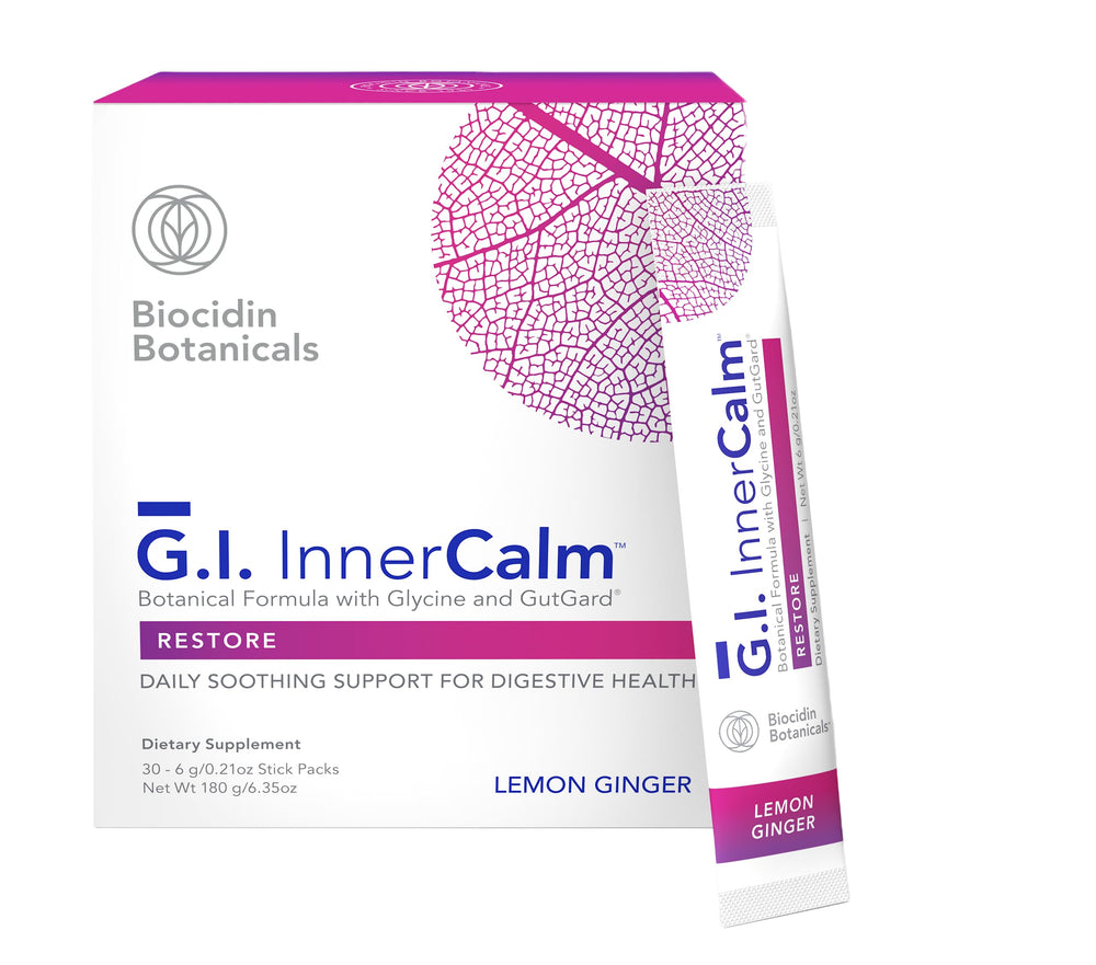 Biocidin Drink Mix GI InnerCalm packaging with single-serve stick pack