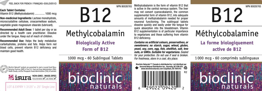 Close-up of the Bioclinic Naturals B12 lozenges container
