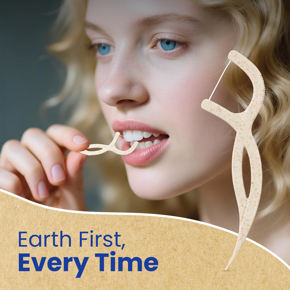 Compact biodegradable bag storage for floss picks.