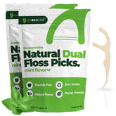 Biodegradable dual-thread floss picks with natural straw-wheat handle and mint flavor