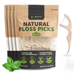 Biodegradable floss picks with natural straw wheat handle and mint waxed nylon thread (200 count).