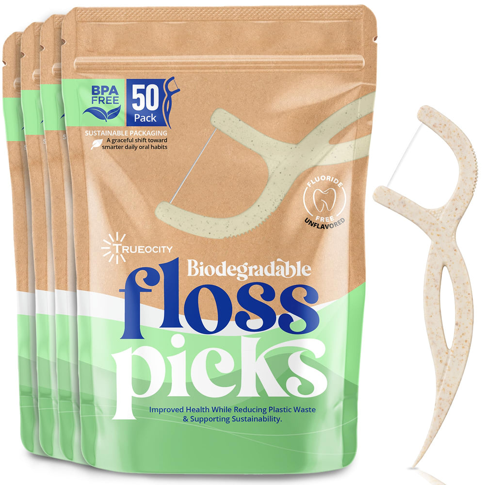 Biodegradable floss picks in a 200-count pack (bag 1).