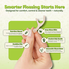 Close-up of compostable straw wheat handle on a floss pick.