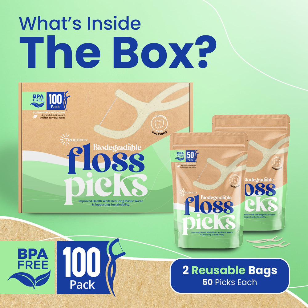 Compostable floss picks in two 50-count biodegradable bags.