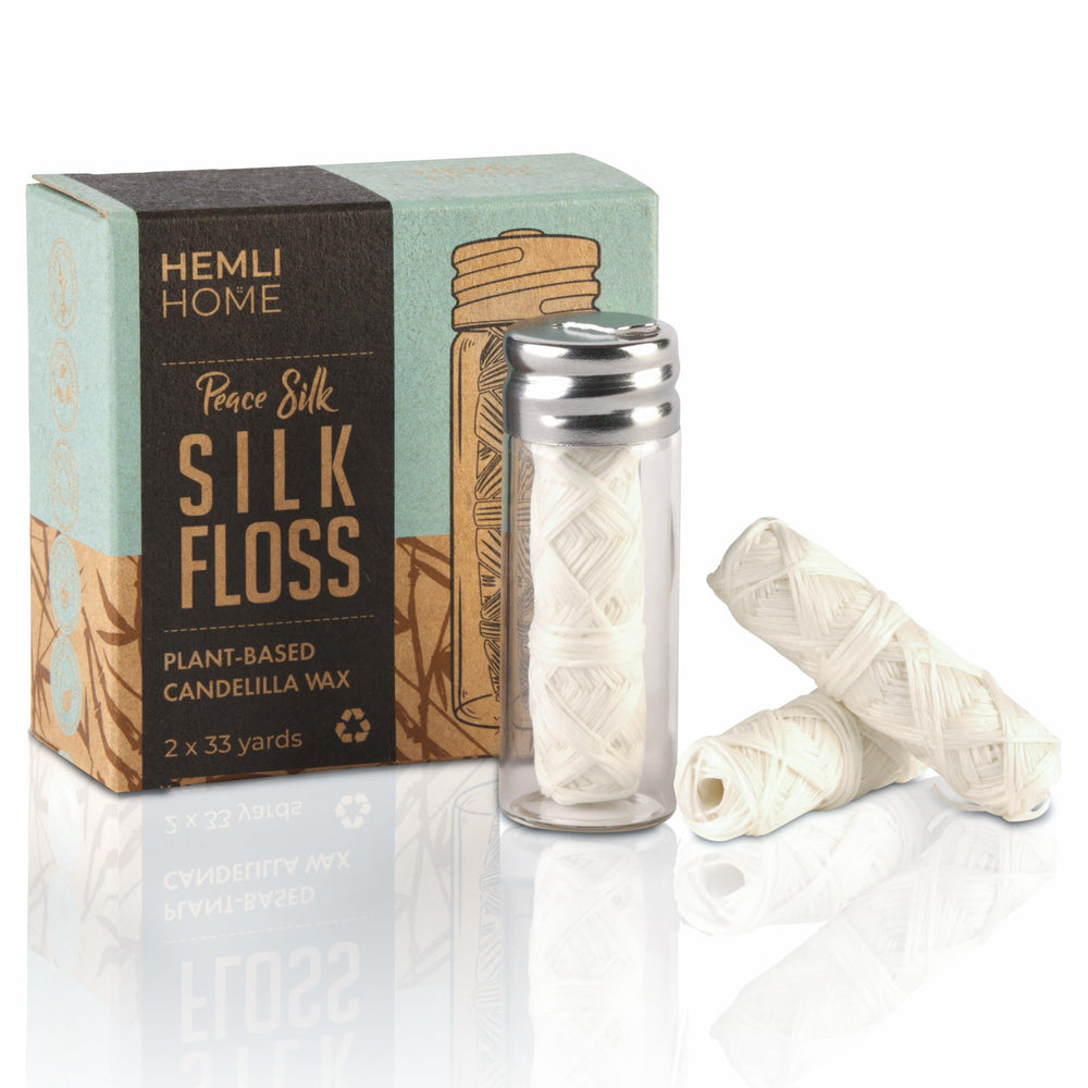 Biodegradable silk dental floss in a refillable glass container (mint flavor)
