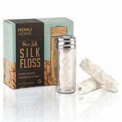 Biodegradable silk dental floss in a refillable glass container (mint flavor)