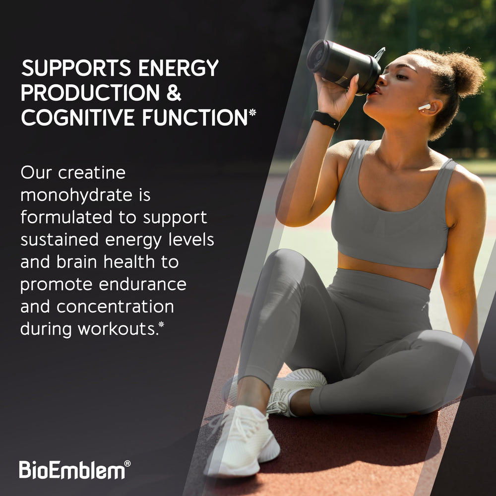 Close-up of BioEmblem Creatine Monohydrate jar label