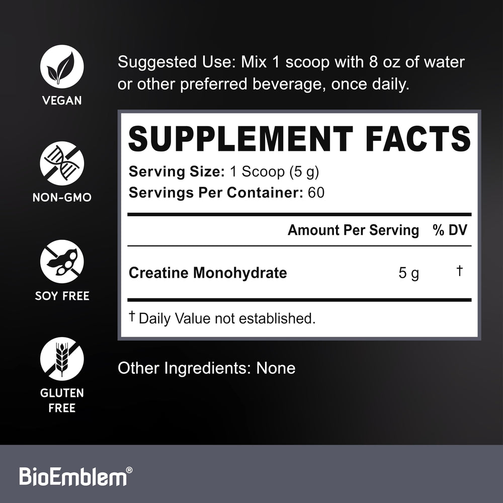 Nutrition facts label of BioEmblem Creatine Monohydrate powder