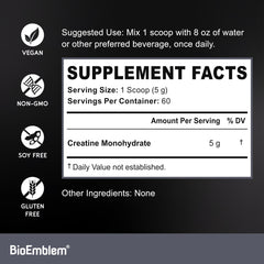 Nutrition facts label of BioEmblem Creatine Monohydrate powder