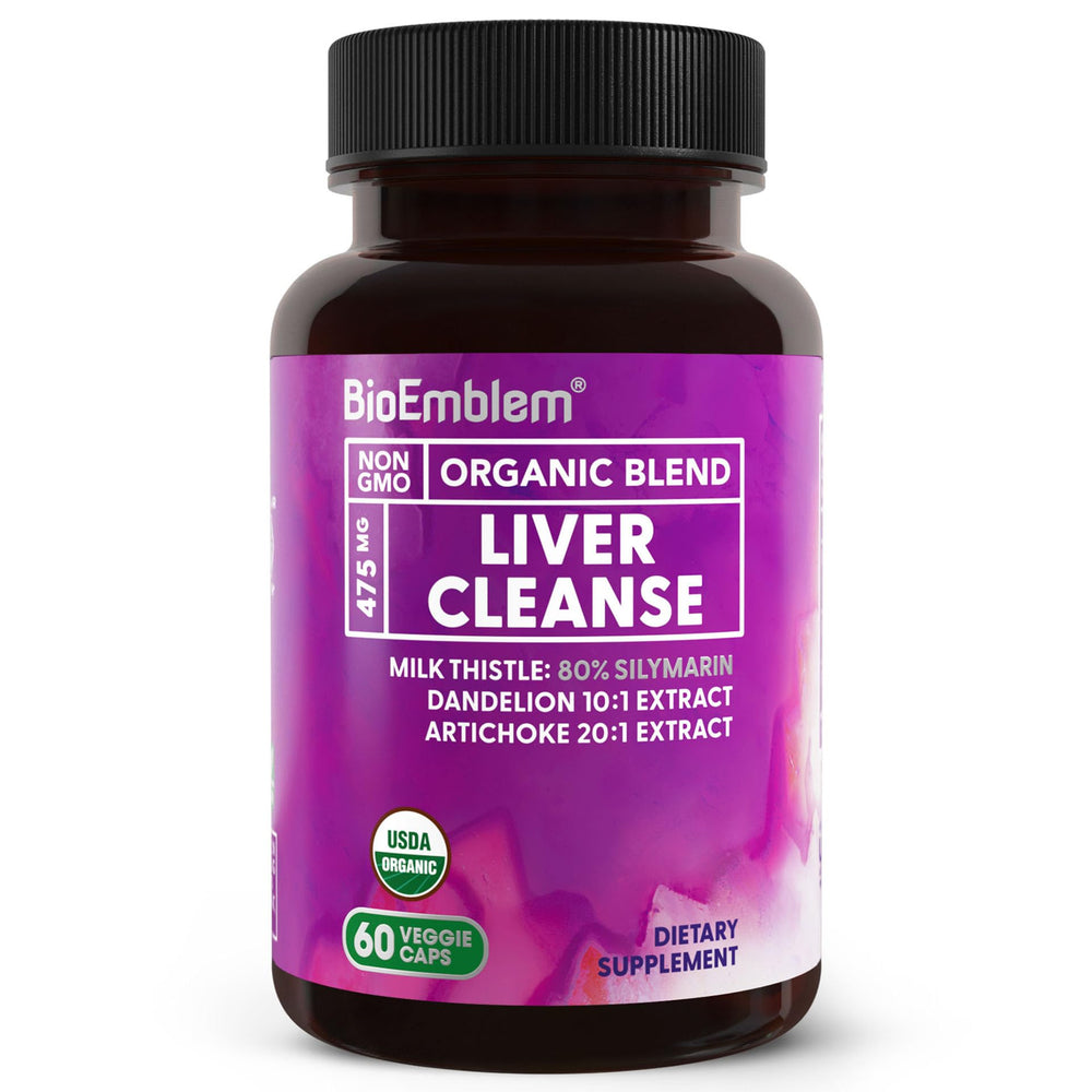 Bottle of BioEmblem Liver Cleanse with 60 vegan capsules highlighting 80% silymarin milk thistle