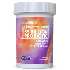 Bottle of BioEmblem Probiotics for women and men with 55 Billion CFU and 11 strains