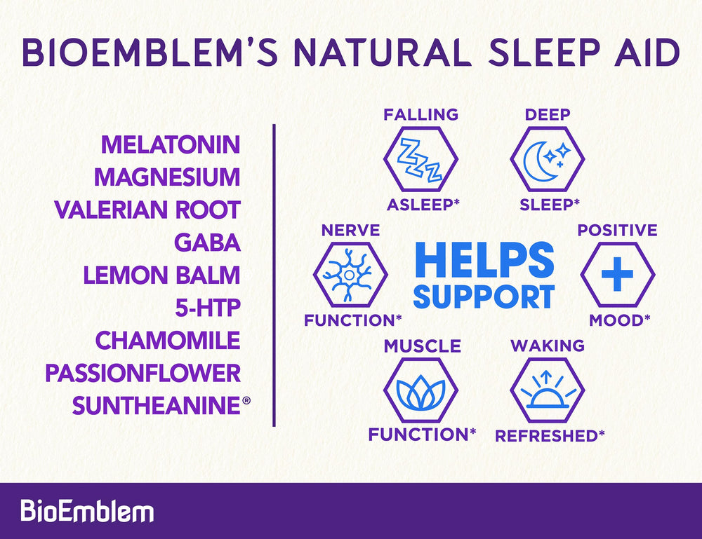 Close-up of BioEmblem Sleep Aid label with melatonin