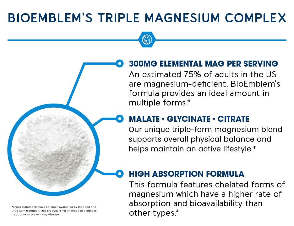 BioEmblem Triple Magnesium Complex label close-up communicates clean, allergen-friendly nutrition.