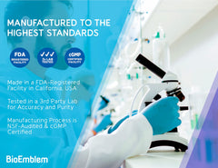 BioEmblem Triple Magnesium Complex vegan-friendly badge shows gluten-free, non-GMO quality.