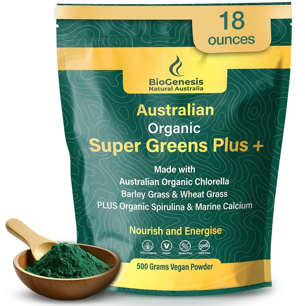 Hero shot of Biogenesis SuperGreens Plus powder in 500g tub (unflavored)