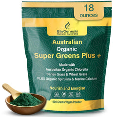 Hero shot of Biogenesis SuperGreens Plus powder in 500g tub (unflavored)