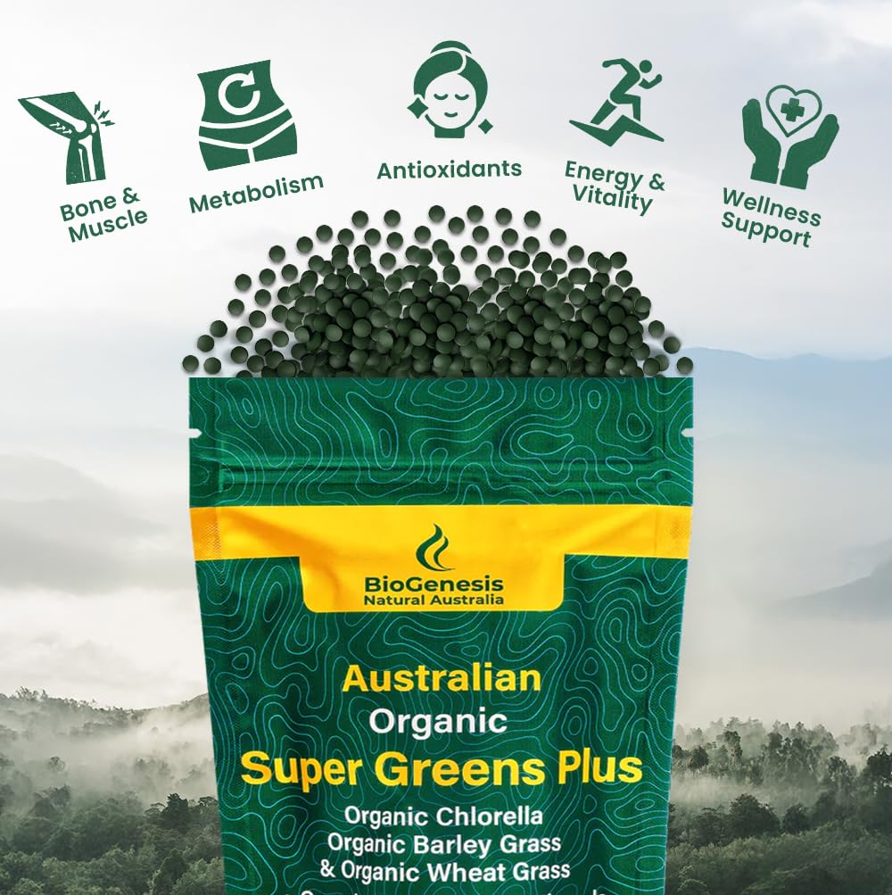 Close-up of Biogenesis SuperGreens Plus tablets